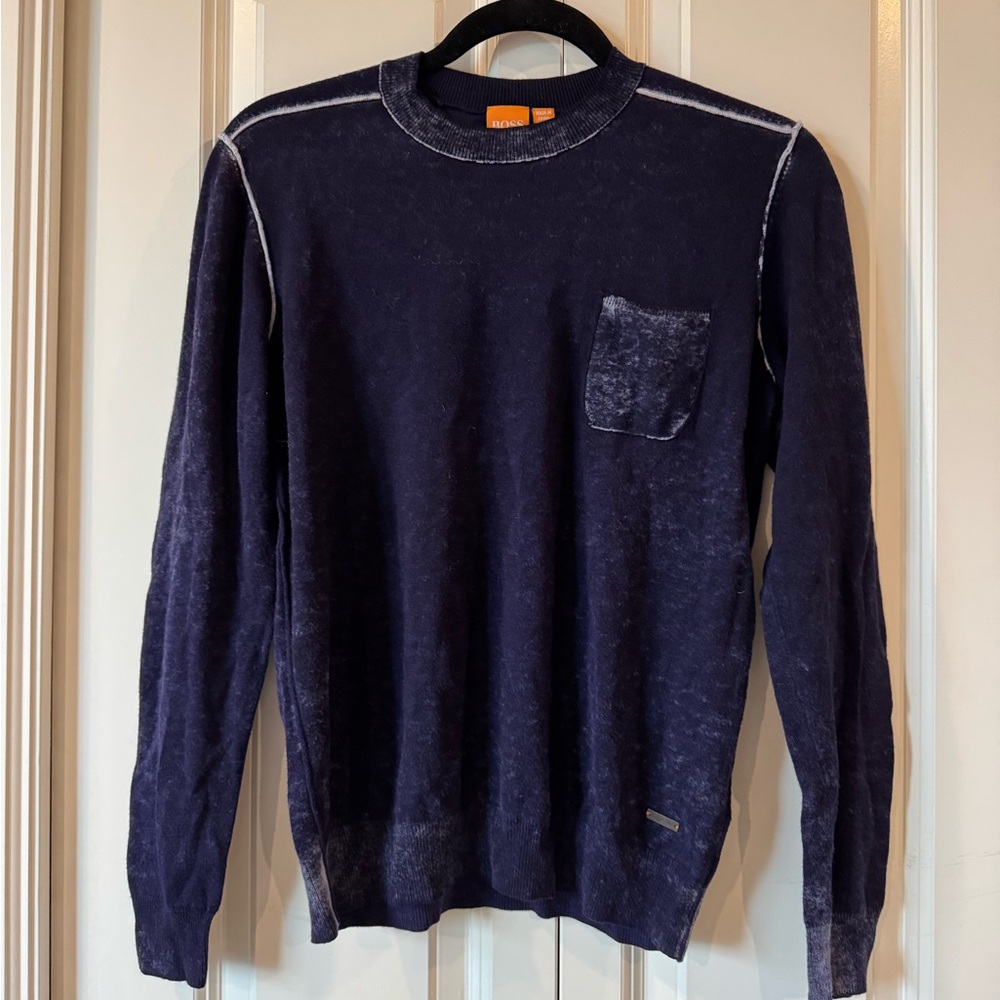 Boss Dark Blue Wool Blend Crewneck Sweater with Pocket